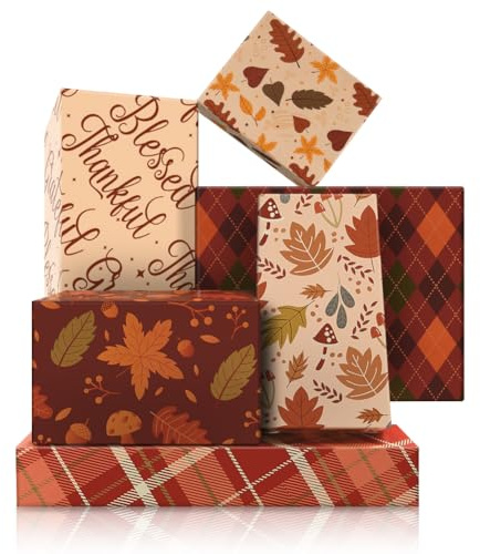 Geschenkpapier für Thanksgiving, 6 Designs, Ahornblatt, , Pilz, kariert, Herbst-Geschenkpapier, flach gefaltet, Herbsternte, dankbares Kunstpapier für Thanksgiving, Urlaub, Party, DIY Handwerk