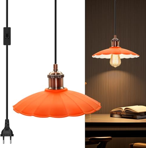 Hängelampe mit Stecker, E27 Lampenfassung mit 5M Kabel und Metall Lampenschirm, Fassung mit Kabel, Lampenkabel mit Schalter, Vintage Pendelleuchte mit Stecker für Innenraum, Orange(Keine Glühbirne)