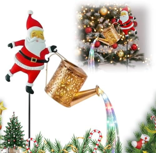 Solar Weihnachtsdekorationen, 2025 Neue Weihnachtsmann Solar Gießkanne Wasserkocher Lichter Outdoor Metall Wasserdicht Gartenlaterne für Hof, Terrasse, Rasen, Weg, Niedlicher Geist Lesebuchlampe (Gelb