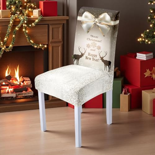 DOTBUY-SHOP Stuhlhussen Weihnachten 2/4/6/8er Set 3D Weihnachten Stretch Stuhlbezug Stuhlhussen für Esszimmerstühle Waschbarer Hussen für Stühle für Stuhldekoration Restaurant (Weiß,6er Set)