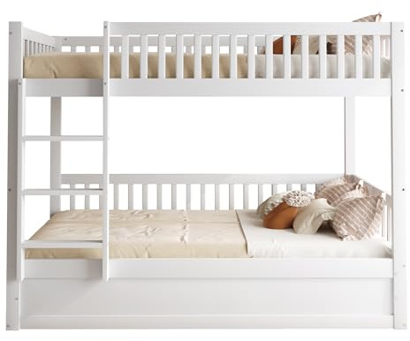 MUZHIXIANG Letto a castello per bambini in legno massello con spazio idraulico, robusto letto matrimoniale con scala sicura e griglia di protezione, sistema di sonno salvaspazio per cameretta dei