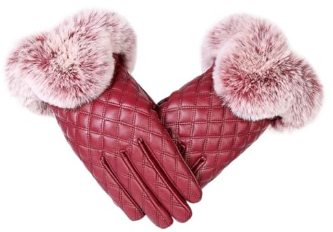 PPQIRU Läderhandskar för damer läderhandskar kvinnor varm tjock vinter eleganta flickor vantar, Röd, en storlek