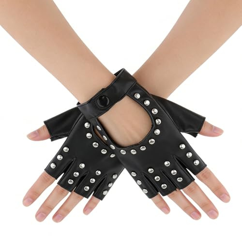 Nieten Fingerlose Handschuhe Damen Leder Punk Handschuhe Fingerlos Damen