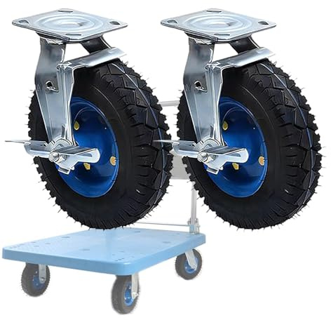 Heavy Duty Caster Wheels, Swivel and Fixed with Brakes, 6 to 10 Inch Rubber, 2 Pack for Hand Trucks and Wheelbarrows