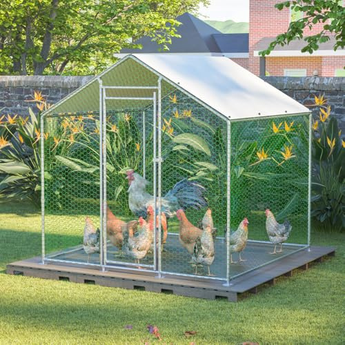 Metall Hühnerstall 2x2x2m Silber Freilaufgehege | Kleintiergehege Voliere Geflügelstall, Verzinkter Stahlrahmen Dachplane Begehbarer Auslauf Draußen Gartengehege Schutzdach