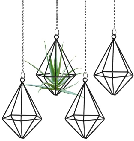 M METERXITY 4-Pack Hanging Air Plant Holders, Pentagonal Metal Geometric Hanging Tillandsia Holder with Metal Chain for Home Decor/Small Indoor Outdoor Plants [Black, 4.8 H]