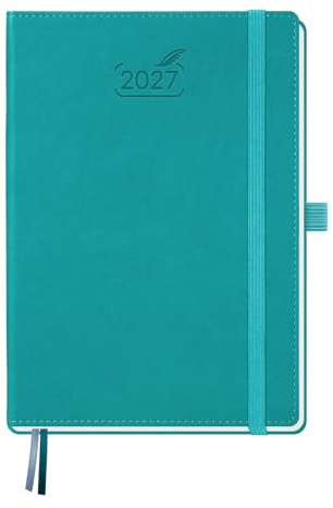 BEZEND Kalender 2027 Buchkalender 1 Woche 2 Seiten A5 (21,5 x 15,5 cm) | 12 Monate Kalender (Jan - Dez 2027), PU-Leder Hardcover, 100 GSM Papier, Türkis