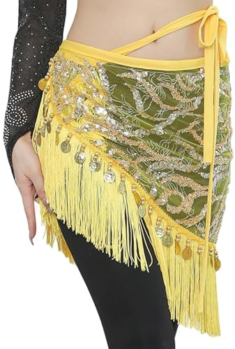 Falda de danza del vientre con lentejuelas y flecos, cadena de cadera, práctica de rendimiento para espectáculo, amarillo, Altoa única