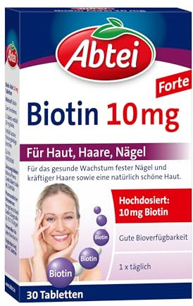 Abtei Biotin 10mg Forte - hochdosiertes Biotin - für schöne Haut, Haare und Nägel - zur Vorbeugung von Biotinmangel - laborgeprüft - 30 Tabletten