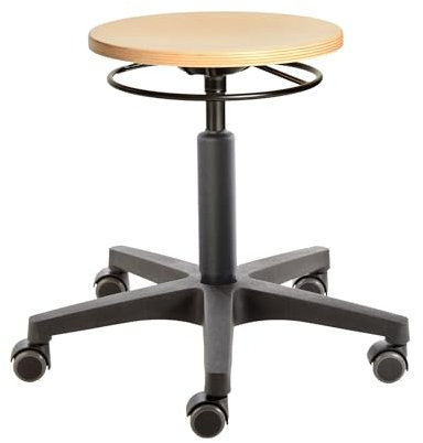 Prova Nova GmbH Werkstatt-, Roll- und Drehhocker 3531, abgedeckte Gasfedersäule, Sitzhöhe ca. 42-62 cm, Ringauslösung, Holz-Rundsitz, Rollen