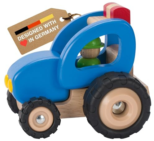 goki 55928 Traktor, Klassisches Holzspielzeug mit Gummibereifung, Robustes Spielfahrzeug aus Massivholz für Kinder ab 2 Jahren, 14 x 11,8 x 12,7 cm