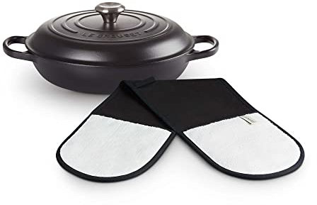 Le Creuset Signature Cast Iron Shallow Casserole, 30 cm - Satin Black and Textiles Double Oven Glove - Black