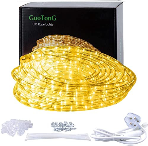 GUOTONG 52.5ft/16m Plugin Rope Lights, 576Warm White LEDs, 220V, 2 Wires, Waterproof, Connectable, Power Plug Built-in Fuse Design, Indoor/Outdoor Use, Ideal for Backyards, Decorative Lighting