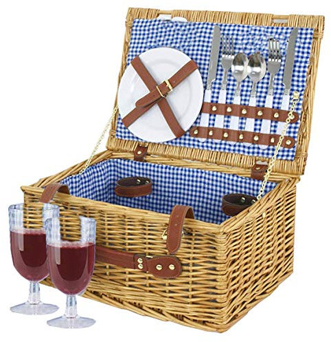 2 Person Hamper Basket - Wicker Family Picnic Holder Food Cutlery Set Glasses | Complete Picnic Accessories For Camping And Outdoor Party