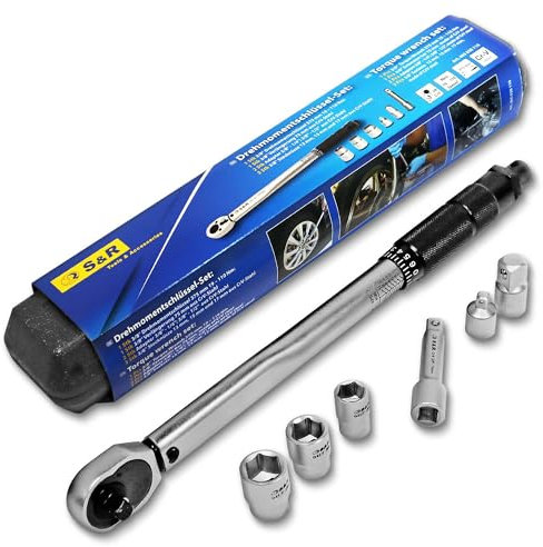S&R Clé Dynamométrique 3/8-1/2-1/4 (19-110 Nm) 37,5 cm avec rallonge de 7,5 cm + 2 adaptateurs (3/8 '-1/4' et 3/8'-1/2 ') + 3 Douilles (13,15,17 mm)