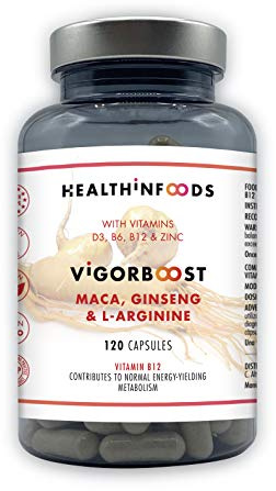 Healthinfoods | VigorBoost | Maca, Ginseng, Vitamina D, L-Arginina | Vitaminas B6, B12 y Zinc | Para la Líbido, Fertilidad, Masa Muscular y Potencia Sexual | 120 Cápsulas Veganas