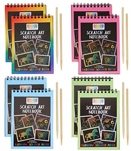 8 Pack Rainbow Scratch Paper Pads for Kids with Wooden Styluses, 10 Sheets (5.5 x 3.9 In)