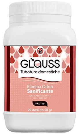 GLAUSS Elimina Odori Sanificante per Tubature Domestiche di bagno e cucina, adatto a tutti i tipi di lavandino, scarico, wc e fossa biologica. 20 dosi. Non aggressivo, non tossico.