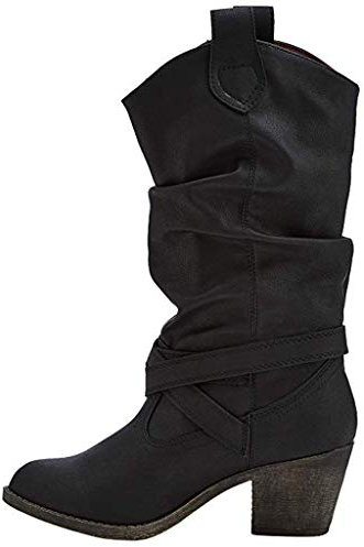 Stivali da donna in pelle con cinturino incrociato al ginocchio con fibbia Scarpa con tacco basso (Nero, numeric_42)