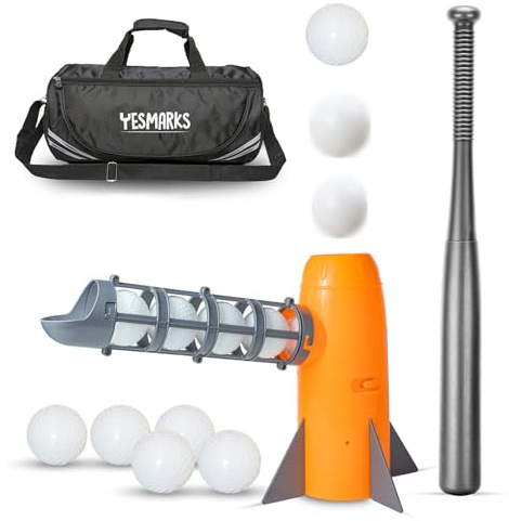 YESMARKS Kids Auto Baseball Pitching Machine Outdoor Toy Set - Training Equipment & Batting Practice Toys for Youth, Includes 10 Baseballs, Baseball Bat and Sports Bag