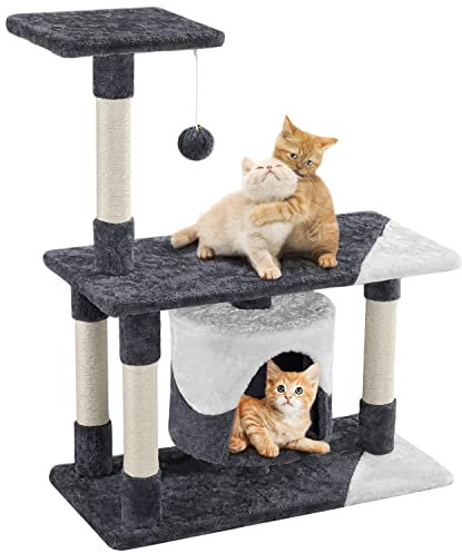 Yaheetech Cat Tree, Cat Scratching Posts for Indoor Cats, Cute Cat Tower, Cat Condo with Plush Perch/Jumping Platform Cat Activity Centre, Dark Grey/White