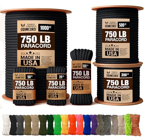 Three Vikings Paracord Rope - Made in USA - 750lb - 100% Nylon - Type IV - 11 Strand Core - Stronger Then Paracord 550 Cord - Black - 500 Ft.