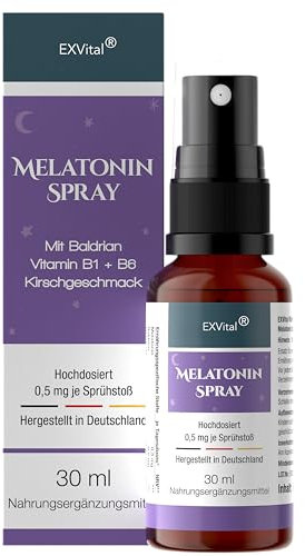 Melatonin Einschlafspray, mit Baldrian & Vitamin B1+ B6 - 0,5 mg liquid Melatonin pro Sprühstoß, natürliches Schlafhormon, 30 ml mit SOFORT EFFEKT- Ohne Alkohol, Hochdosiert & Made in Germany