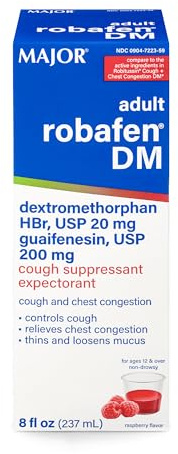 Major Robafen DM Raspberry Flavor Cough Suppressant and Expectorant for Adults, Non-Drowsy Cough Syrup for Chest Congestion Relief – 8 fl oz (1 Pack)