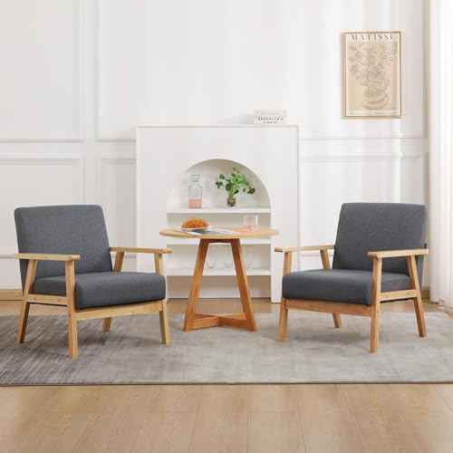 Mingone 2er Set Sessel Cocktailsessel mit Armlehnen&Holzrahmen Grau | Gepolsterter Skandinavischer Stil Loungesessel | Modern 1 Sitzer Sofa | Massivholz für Wohnzimmer Schlafzimmer bis 120kg