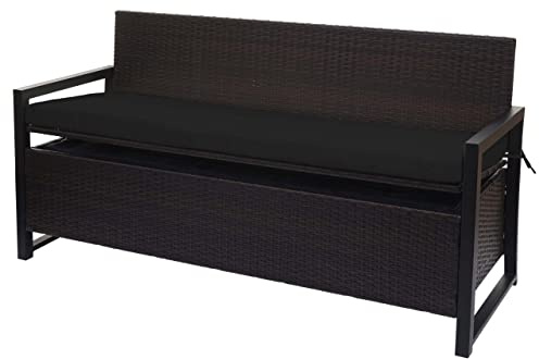 Mendler Poly-Rattan 3er Sitzbank HWC-F39 - braun, Kissen schwarz | Gartenbank, Truhenbank, Staufach, Aufbewahrung, Sitzkissen