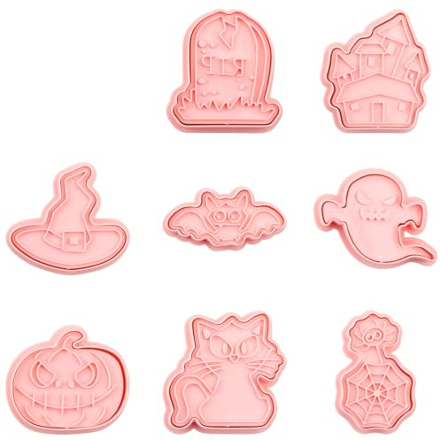 GLADFRESIT Halloween Cookie Cutter Set - 8Pcs Plastic Biscuit Cutters for DIY Cake Decoration - Pumpkin, Ghost, Bat, Tombstone, Cat, Castle, Hat & Spider Web Baking Molds (Style A)