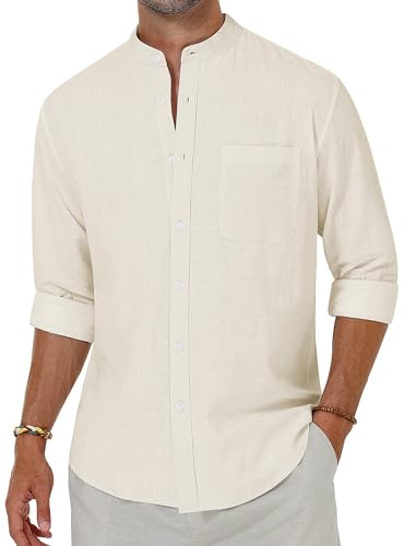 Alimens & Gentle Men's Cotton Linen Shirts Long Sleeve Button Down Shirt Band Collar Beach Shirts Creamy White
