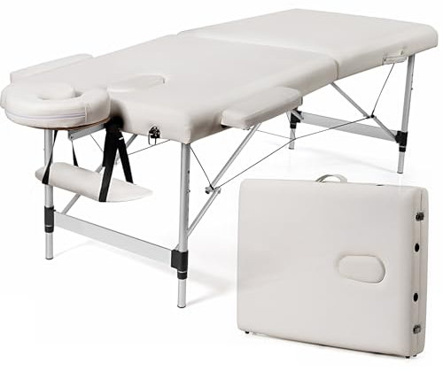 HOMASIS Klappbare Massageliege, 2-Zonen Massagebett mit Abnehmbarer Kopfstütze & Armlehnen, höhenverstellbarer Massagetisch mit Tragetasche, 70 cm breite, Massagebank für Spa Massagen, Weiß