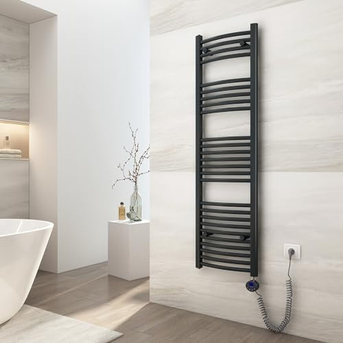EMKE Scaldasalviette elettrico bagno,Curvo,140 x 40cm, 500W,Scaldasalviette con Termostato,Bianco,Radiatore da Bagno,Termoarredo Asciugamani da Bagno