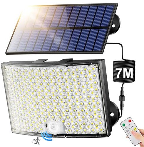 Faretto Led da Esterno Solare, [268LED/ 5Modes/ 7M]Faro Led Esterno con Pannello Solare, Telecomando Luce Solare Led Esterno, IP65 Faretti Solari a Led da Esterno Luci Solari Esterno Garage Giardino