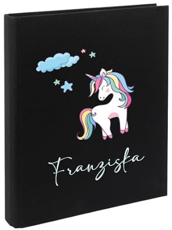 minimutz Zeugnismappe Kinder mit Name personalisiert - Dokumentenmappe Einhorn für Mädchen - Zeugnisordner Leinen zum Einsortieren (schwarz)