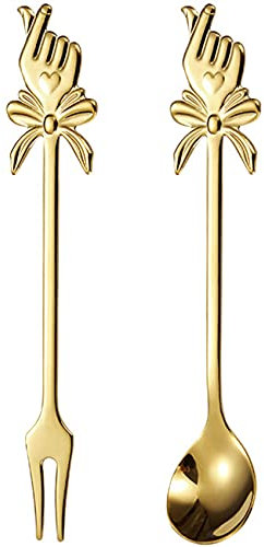 GeRRiT Ice Cream Spoons/Fork Set of 2 Stainless Steel Spoons for Latte Coffee Hot Chocolate Drinks 5.3 Hand Heart Gesture Shape (C-Type)