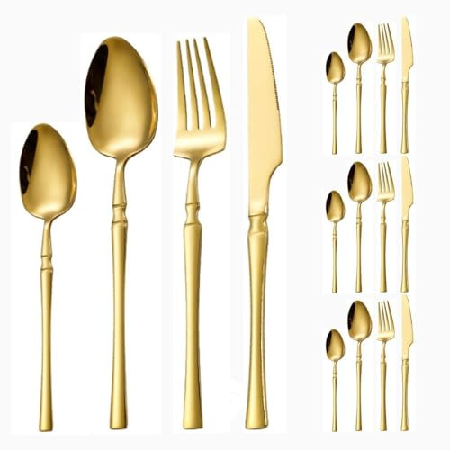 Litet Midjehandtag Kök Rostfritt Stål Silver Bestick Bestick Knivar Gafflar Skedar Set Home Steak Kniv Dessertsked (Guld,16 delar)