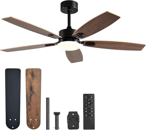 VONLUCE Ventilateur de Plafond avec Lumière Ø132CM 52 Pouces 5 Pales avec Télécommande Moteur DC Silencieux Réversible 6 Vitesses pour Chambre à Coucher Patios Salon Fermier, Noir et Marron