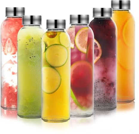 6 Stück 500ml Wiederverwendbare Trinkflasche Glas mit Deckel, Wasserflasche Glas mit Edelstahlkappe, Glaswasserflasche zum Entsaften, Trinkflasche Durchsichtig Gläser Set für Wasser, Smoothies
