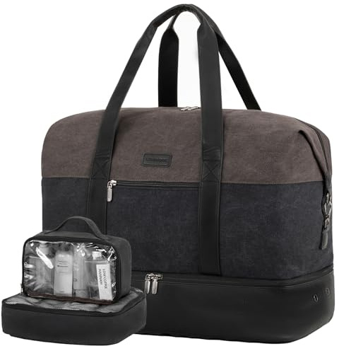 LOVEVOOK Resväska dam, sportväska weekender handbagage väska för flygplan, klinikväska födelse, garment duffle bag reseväska med toalettväska skofack, Ljusgrå + grå + svart (kanvas), 50x38x25cm,