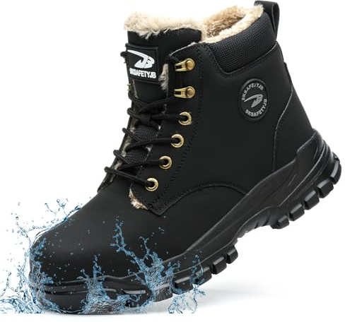 KTDYG Winter Arbeitsschuhe Herren Wasserdicht Damen Sicherheitsschuhe Leicht mit Stahlkappe Sicherheitsstiefel rutschfest mit Warm Gefüttert, Schwarz, 44EU