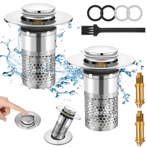 Jogoico Tapón de Lavabo 2 Piezas Universal 34-40mm Tapón de Desagüe Pop Up Tapón de Filtro con Filtro Tapon Lavabo Baño en Acero Inoxidable Tapón Colador para Bañera Fregadero