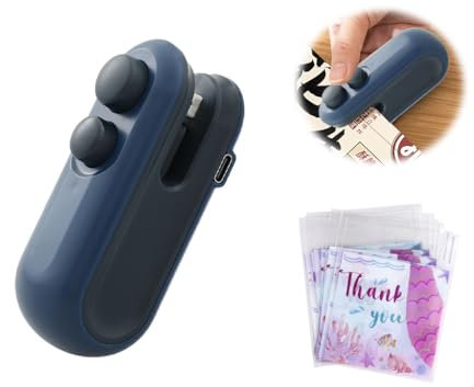 Hitopin 1 Pieza 2 en 1 Mini Sellador de Bolsas, 2 en 1 Bag Sealer con Cortador, Mini Selladora de Láminas, Mini Sellador de Láminas, Recargable por USB,Frigorífico Adsorbible(Azul)