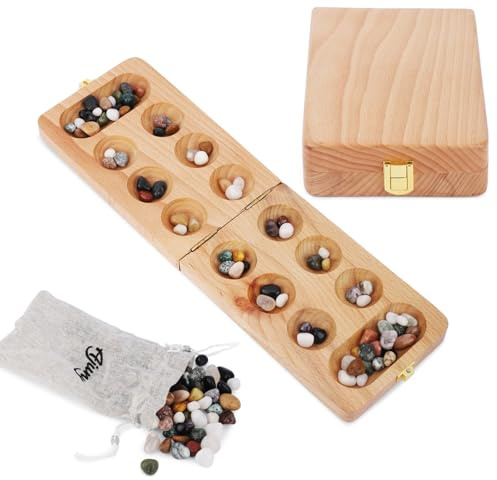 Ajuny Wooden Mancala Board Game Set - Folding Board with Multicolor 48+32 Stones, Ideal for Family Night, Portable Travel Fun Classic Table Game for Adults & Kids