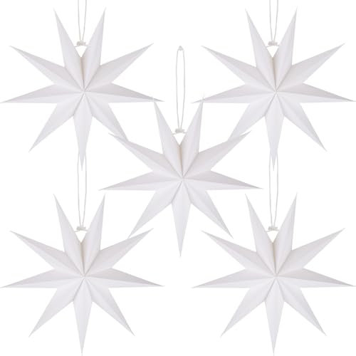 BestoFun Lot de 5 étoiles en papier de Noël - 30 cm - Blanc - Étoiles pliantes à suspendre - Décoration de table pour Noël, chambre, mariage, anniversaire