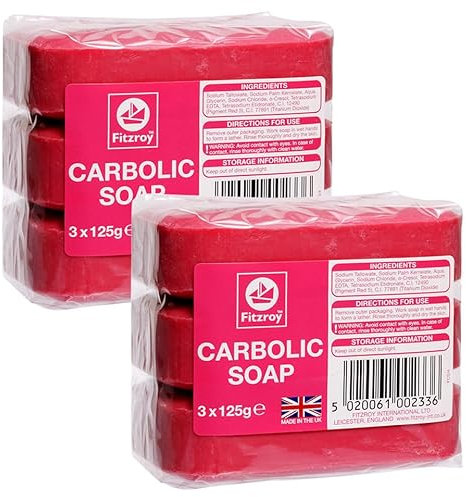 Fitzroy Carbolic Soap Original 6 Bars (2 Packs of 3x125g soaps) | Antibacterial Soap | Antifungal Soap | Laundry Soap Bar | Traditional Antiseptic Soap | Bars of Soap for Household & Industrial Use