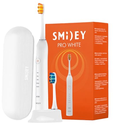 SMILEY Pro White Schallzahnbürste | Ultraschall Elektrische Zahnbürsten & Zubehör | Schallzahnbürsten Toothbrush Elektrische Reisezahnbürste | Set mit Etui Ladegerät & 2 Tipps