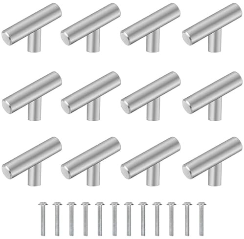 12 Stück Edelstahl Schubladengriff, 50 mm T-förmiger Möbelgriff, Möbelknopf Edelstahl Klein, Türknopf mit Befestigungsschrauben, für Schränke, Garderoben, Bäder, Schubladen, Kitchen (Silver)