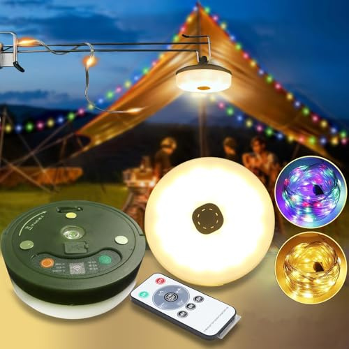 QSPORTPEAK Camping Lichterkette Aufrollbar, 3-in-1 Tragbare Wiederaufladbare LED Lichterkette mit 8 Beleuchtungsmodi, wasserdichte Campinglampe Taschenlampe für Camping, Hof und Wandern